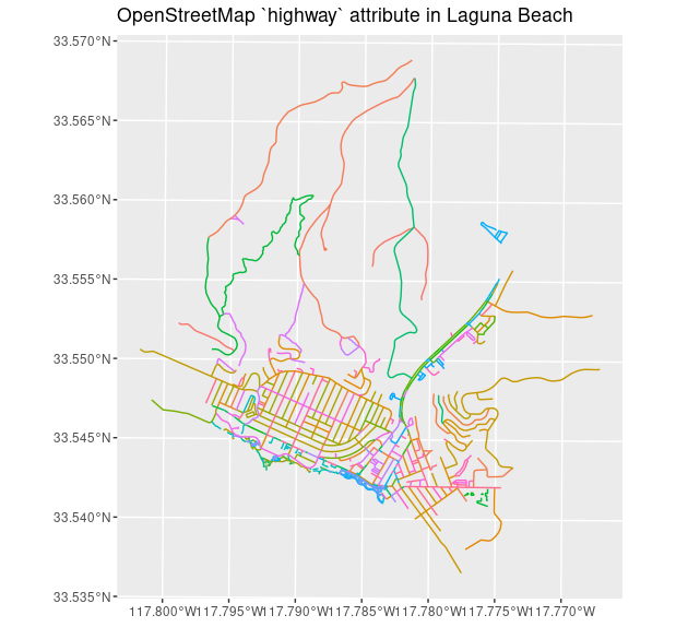 OSM render of Laguna Beach roads and highways using ggplot2